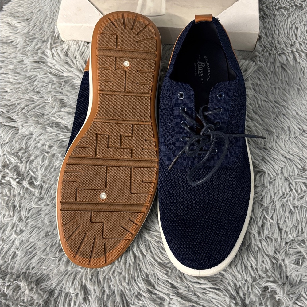NWT G H Bass & Co Navy Knit Mesh Woven Sneakers Shoes Tan Brown Oxford Men’s 13 - Picture 14 of 16